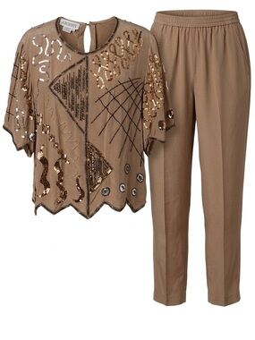 Vintage I. Magnin Argenti Silk Beaded 2 Piece Pant Set Taupe L 12 80s Glam